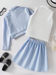SHEIN Elladie kids ملابس خريفية للفتيات المراهقات 3 قطع/مجموعة جاكيت كارديجان أزرق بودرة مع أزرار لؤلؤية بيضاء وسحاب علوي مع قميص بدون أكمام مضلع خريف العودة إلى المدرسة كاجوال لطيف عائلي - الأزرق - مشاهدة 3