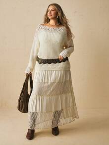 Freevana Boho Soft Form Allover White Ribbed Knit Sweater With Crochet Yoke Off-Shoulder Neck Cozy Autumn Party Office Date Night Top Pullovers For Women Fall - White - View 14