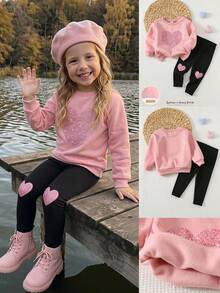 Emery Rose Kids Emery Rose Kids 2件組女童少女心形印花落肩秋季運動衫與鬆緊腰打底褲套裝，甜美女孩軟萌開學穿搭套裝 - 淺粉色 - 查看 5