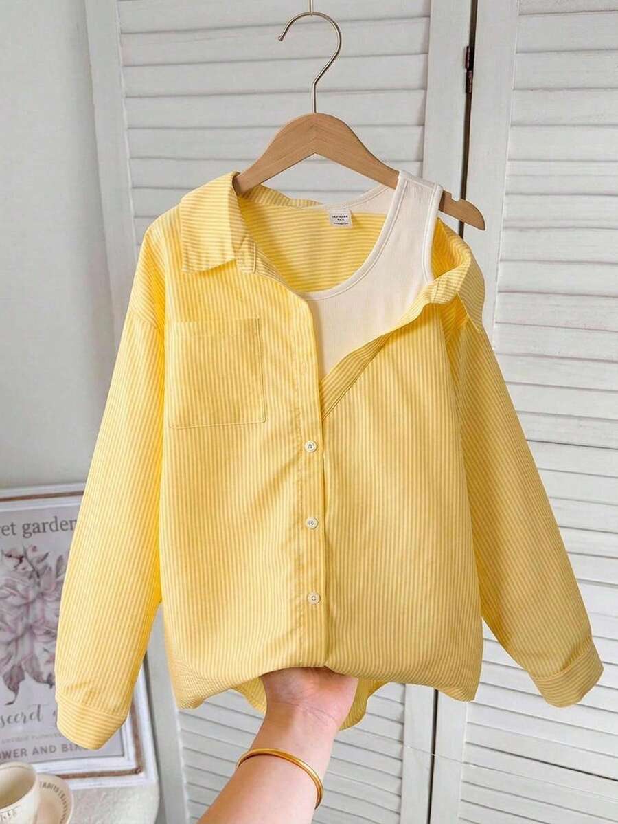 SHEIN 少女不對稱領口長袖黃色與白色垂直條紋 2-in-1 上衣,適合休閒假兩件式襯衫 - 黃色 - 查看 1