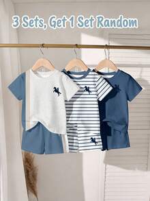 Random 3 Sets Get 1 Set Blue & Grey Contrast Color Grey & Blue Baby Casual Fashion Classic Knight Print Crew Neck Short Sleeve T-Shirt & Shorts Set - Multicolor - View 1
