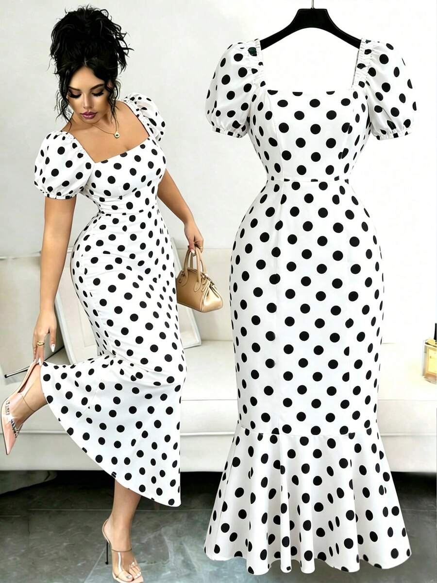 Elenzga New Women's Square Neck Floral Print Puff Sleeve Back Hidden Zipper Hem Fishtail Dress Ruffle Design Vacation Casual Daily Versatile Elegant Dress - Black and White - View 1