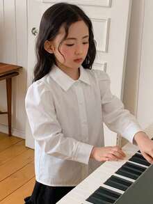 Hapijoa 少女休閒百搭純色花瓣袖夏季上衣 - 白色 - 查看 7