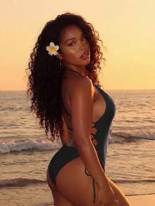 SHEIN Swim 女款性感抽繩繫帶連身泳衣，適合海灘度假 - 黑色 - 查看 4