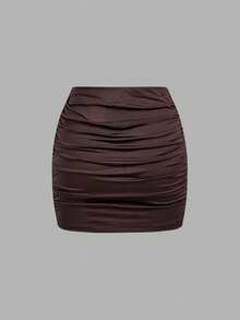 SHEIN MOD 時尚女款抓褶迷你短裙，巧克力棕色、黑色波點與素色可選，2件組緊身短裙，秋季性感休閒夜店派對穿搭 - 彩色 - 查看 6