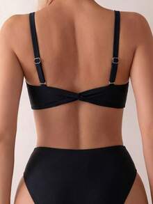 Swim Vcay Setelan Bikini 2 Potong Wanita Warna Hitam Polos dengan Tali Tebal dan Dekorasi Bunga Logam untuk Musim Semi/Panas 2026, Gaya Liburan - Hitam - View 2