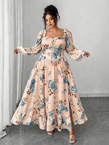 Elenzga Plus Size Women's Elegant French Lady Fashion Unique Ruffle Trim Puff Long Sleeve Cinched Waist Slim Fit Dress, Suitable For Daily Wear, Outings, Commuting - Pink - View 7