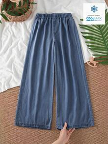 SHEIN 青少年女孩牛仔褲 夏季新品 休閒學院風 淺藍色丹寧彈性腰寬腿褲 柔軟涼爽天絲面料 日常百搭 可搭配T恤、連帽衫，適合學校、日常外出，春夏穿著 - 深色水洗藍 - 查看 3