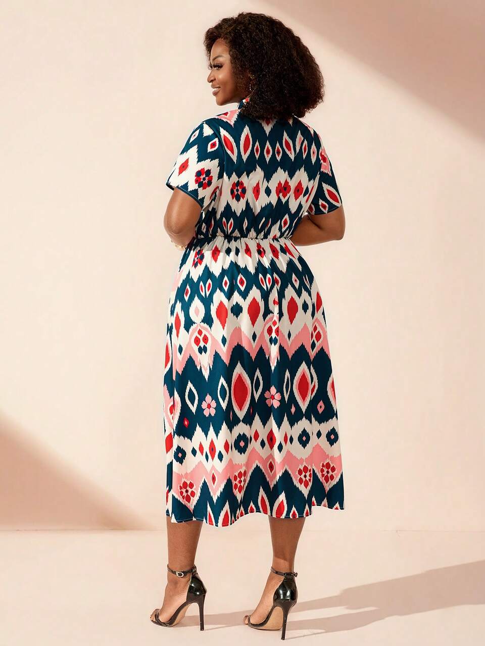 Women's Plus Size Geometric Print Short Sleeve Dress Summer Outfits  Abstract Bright Geometric Print Shirt Collar Dress