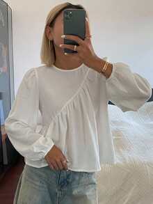 DAZY 女款純色寬鬆短袖圓領百褶休閒度假夏季襯衫校園長袖 - 白色 - 查看 6