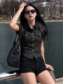 DAZY 女款短袖單排扣休閒口袋牛仔襯衫 夏季 - 黑色 - 查看 3