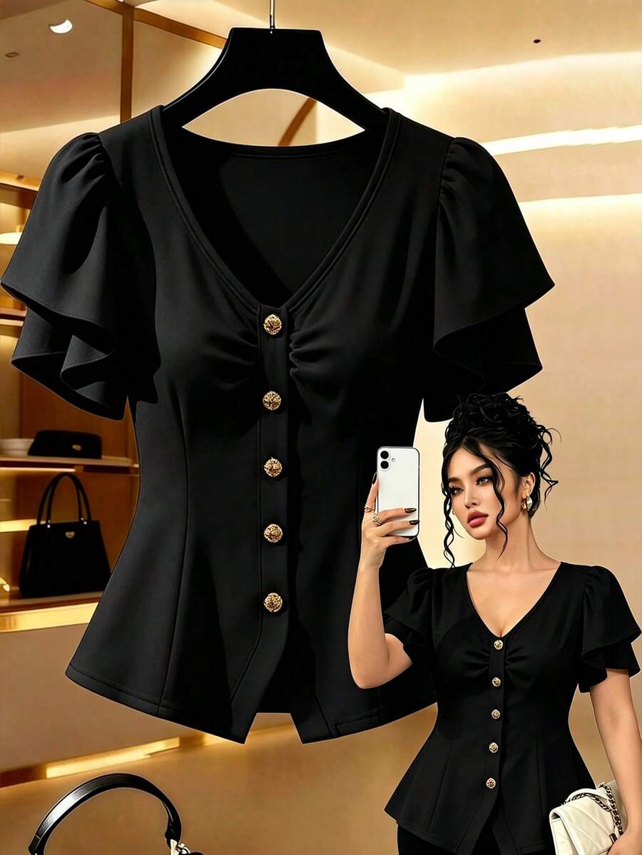 GlowEve CURVE Plus Size Women's Apricot Solid Color V-Neck Waist A-Line Design Elegant Blouse, Suitable For Professional, Formal, Casual, Travel, Party, Spring/Summer - Black - View 1