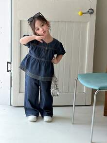 DAZY Set Denim Kasual Gaya Korea Leher Bulat untuk Bayi/Balita (Perempuan) - Medium Wash - View 1