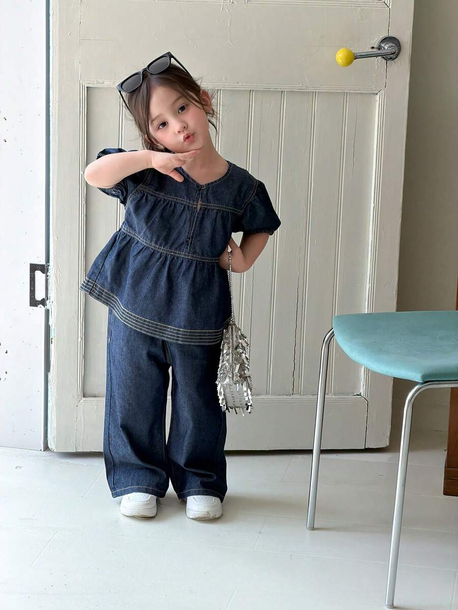 DAZY Set Denim Kasual Gaya Korea Leher Bulat untuk Bayi/Balita (Perempuan) - Medium Wash - View 1
