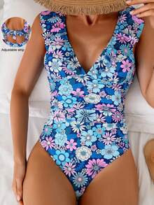 Swim Vcay 女款夏季度假海灘碎花荷葉邊繫帶連身泳衣套裝 - 藍色 - 查看 5