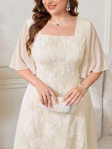 Reflora Plus Size Women Square Neck Jacquard Casual Party Summer Dress - Apricot - View 2