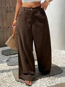 Dazy Plus Summer New Loose Casual Straight Leg Denim Jeans Brown Versatile Plus Size Women All Season Spring Autumn - Brown - View 6