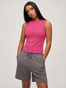 SHEIN BASICS 休閒素色針織圓領無袖修身開襟女款背心 - 玫紅色 - 查看 5