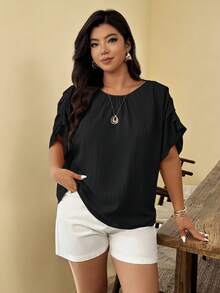 Weeklong Blusa casual holgada para mujer talla grande, primavera/verano, cuello redondo, mangas conectadas con fruncido y Body fruncido - Negro - Ver 5