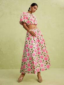 LOTSLUV Women's Summer Elegant Commute Vacation, Beige And Floral Print, Puff Sleeve Cropped Jacket And Skirt Two Pieces Set, 2 Pieces Sets, Two Pieces Set - Multicolor - View 5