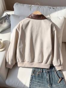 Tween Girls Long Sleeve 1pc Young Girls American Collegiate Style Light Apricot Jacket With Dark Brown PU Leather Collar, Front Zipper Closure - Khaki - View 2