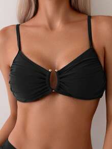 Swim Chiccia Summer Beach Pleated Spaghetti Strap Bikini Set - Black - View 7