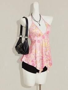 SHEIN ICON 碎花露背掛脖上衣 - 粉色 - 查看 5