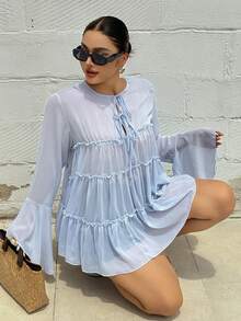 Dazy Plus Plus Size Round Neck Ruffle Flare Sleeve Chiffon Patchwork Tie-Front French A-Line Pullover Blouse, Spring/Summer Long Sleeve Vacation - Baby Blue - View 7