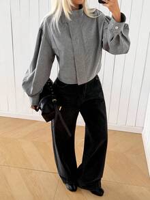 SHEIN EZwear 女款灰色立領燈籠袖短版夾克 - 灰色 - 查看 6