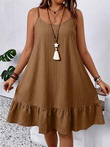 SHEIN LUNE CURVE Vestido casual de vacaciones con tirantes de camisola de unicolor talla grande - Marrón - Ver 1