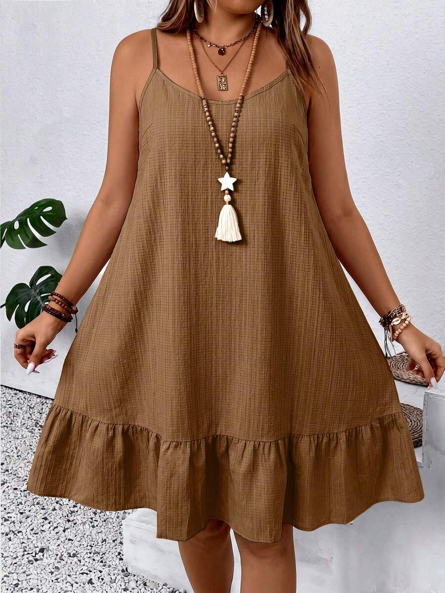 SHEIN LUNE CURVE Vestido casual de vacaciones con tirantes de camisola de unicolor talla grande - Marrón - Ver 1