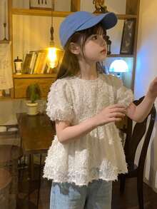 DAZY Round Neck Textured Short Sleeve Design Waist-Cinching Blouse For Young Girls - Beige - View 3