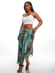SHEIN SXY Blue-Green Animal Print High-Elastic Knit Mesh Skirt With Tie Detailing, High Waistline, Asymmetrical Design. Vacation Skirt, Beach Sexy Autumn - Multicolor - View 5