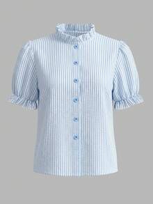 Resyla Women's Summer Casual Striped Petal Sleeve Blouse - Blue - View 4
