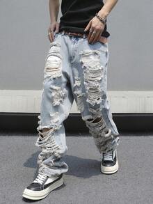Manfinity EMRG Men's Plus Size Pocket Zipper Button Distressed Raw Hem Jeans - Light Wash - View 5