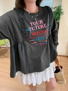 Dazy Plus Colorful Letter Print Patchwork Frill Trim Loose Long Sleeve Casual T-Shirt For Girls, Spring Summer Plus Size Autumn Graphic Tees Cute Tops Oversized - Dark Grey - View 1