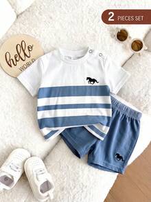Newborn Baby Boy Cute Summer Casual Comfortable Knit Striped Top Elastic Waist Shorts Set - Baby Blue - View 4