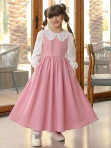 Tween Girl Tween Girl Colorblock Peter Pan Collar Long Sleeve Button Design Elegant Dress - Pink - View 10