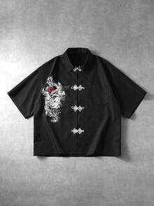 ROMWE MEN Men's Street Print Frog Button Loose Collar Shirt - Black - View 4