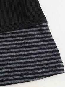 Sweetra Women's Autumn/Winter Casual Striped Fabric Contrast Color Patchwork Fitted Black Waist-Cinched Short Sleeve T-Shirt Top - Multicolor - View 5