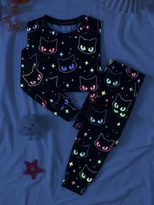 SHEIN Tween Girl Tween Girl Fluorescent Cartoon Cat Pattern Long Sleeve Pants Casual Comfortable Home Sleepwear Set 2pcs Tight Fall/Winter Outfits - Multicolor - View 6