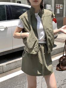 DAZY 女款無袖背心與裙子純色韓風兩件套夏季居家休閒套裝 - 軍綠色 - 查看 4