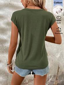 SHEIN LUNE Women's Casual Summer Vacation Commute Daily Basic Fashion Outing Outfit Short Sleeve V-Neck T-Shirt - Green - View 3