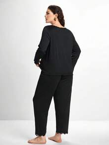 Slumbrini 大码女式撞色蕾丝蝴蝶结装饰长袖上衣和裤子睡衣家居服，秋冬服装 - 黑色 - 查看 2
