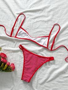 Bonvoyette Women's Spring/Summer Plaid Random Print Spaghetti Strap Bikini Set - Multicolor - View 3