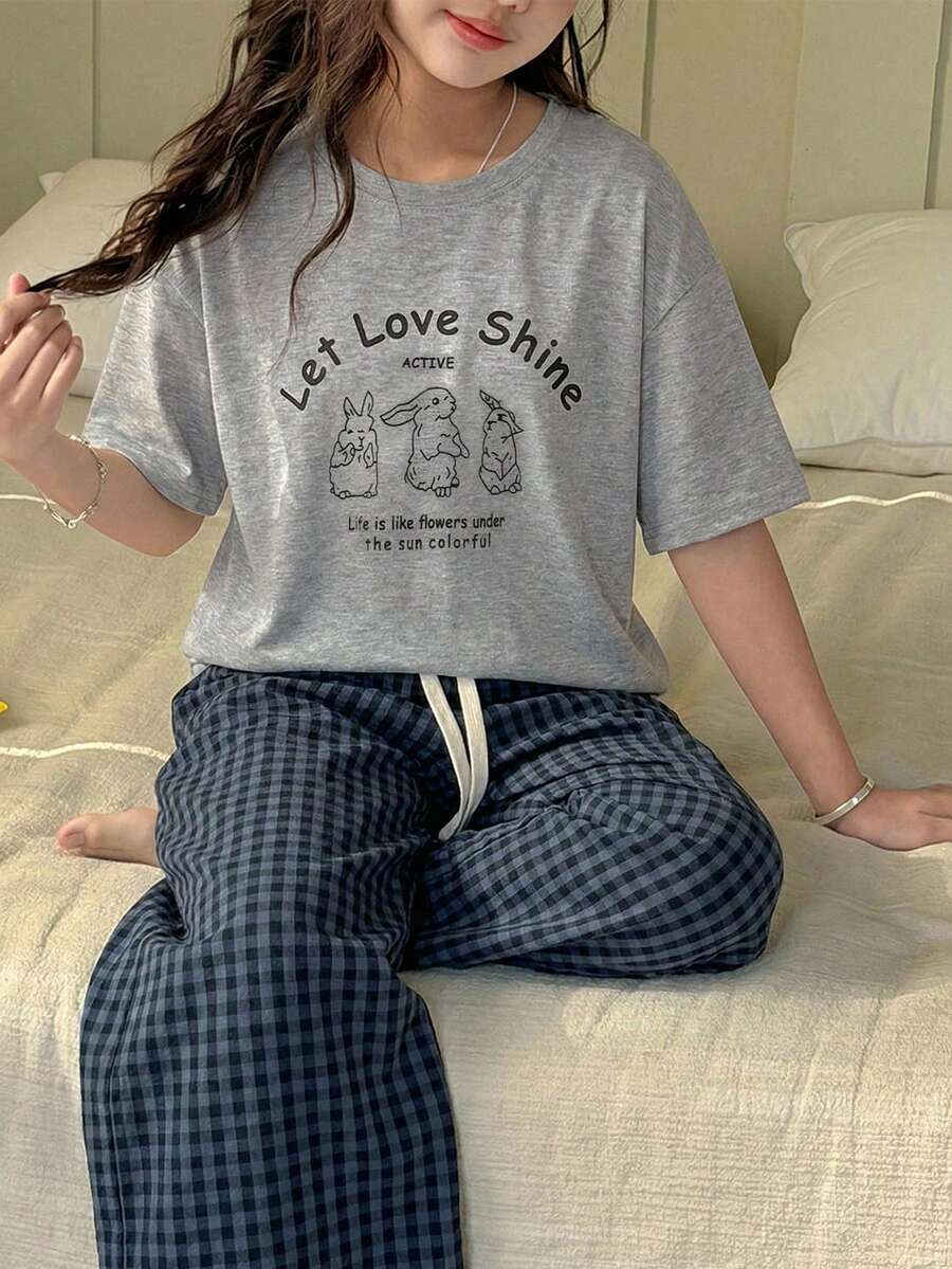 DAZY Tween Girls Crew Neck Printed Short Sleeve T-Shirt + Plaid Pajama Pants Set, Fall Outfit Summer - Dark Grey - View 1