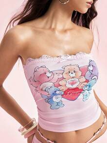 SHEIN X Care Bears 女款夏季休閒熊圖案抹胸上衣 - 粉色 - 查看 6