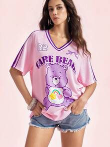 SHEIN X Care Bears Women's Letter Print V-Neck Raglan Short Sleeve T-Shirt, - Mauve Purple - View 6