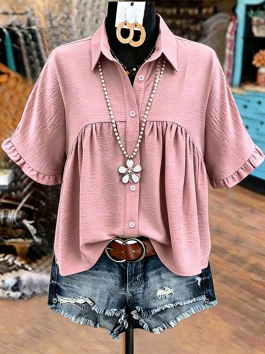 EMERY ROSE Plus Size Women's Ruffle Trim Babydoll Blouse Shirt,Summer Vation Shirt Casual Linen Shirt - Dusty Pink - View 1