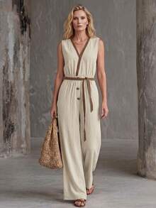 Faunlyn Women's Casual Tropical Minimalist Sleeveless Jumpsuit For Vacation Beige Summer - Khaki - View 6